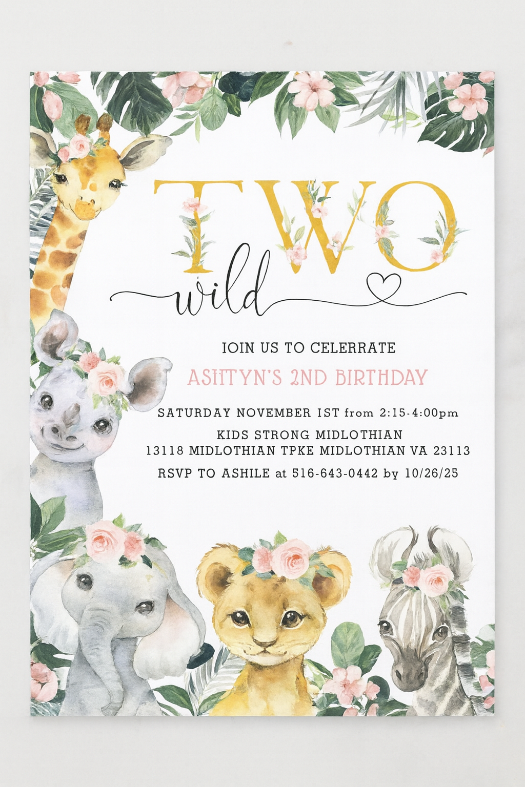 Invitation for Ashtyn's 2nd Birthday — Two Wild theme
